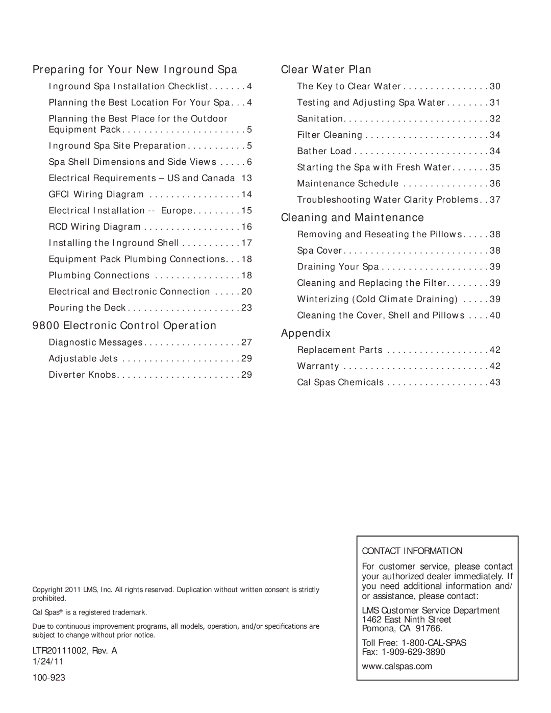 Cal Spas LTR20111002 manual Preparing for Your New Inground Spa Clear Water Plan, Cleaning and Maintenance 