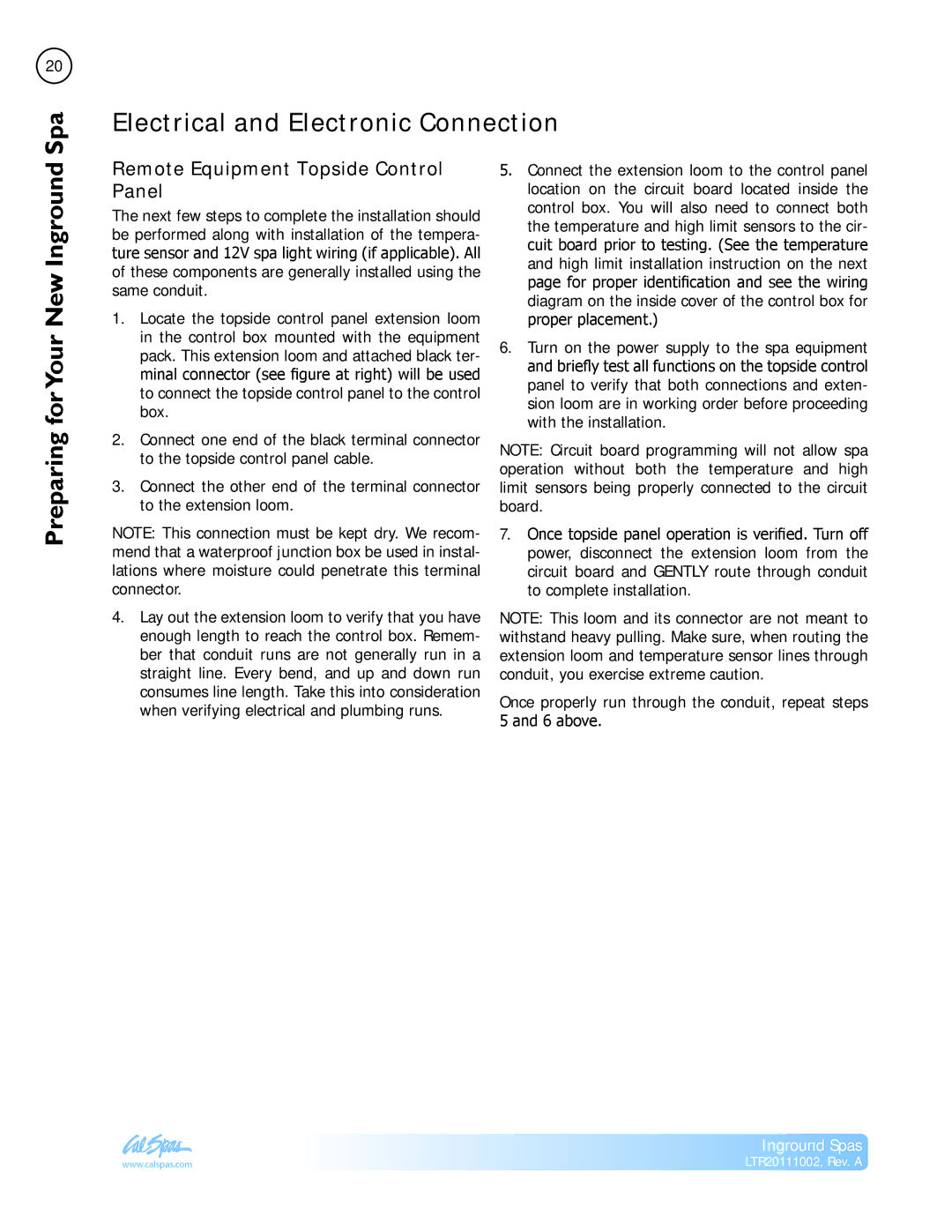 Cal Spas LTR20111002 manual Electrical and Electronic Connection, Preparing forYour New Inground 