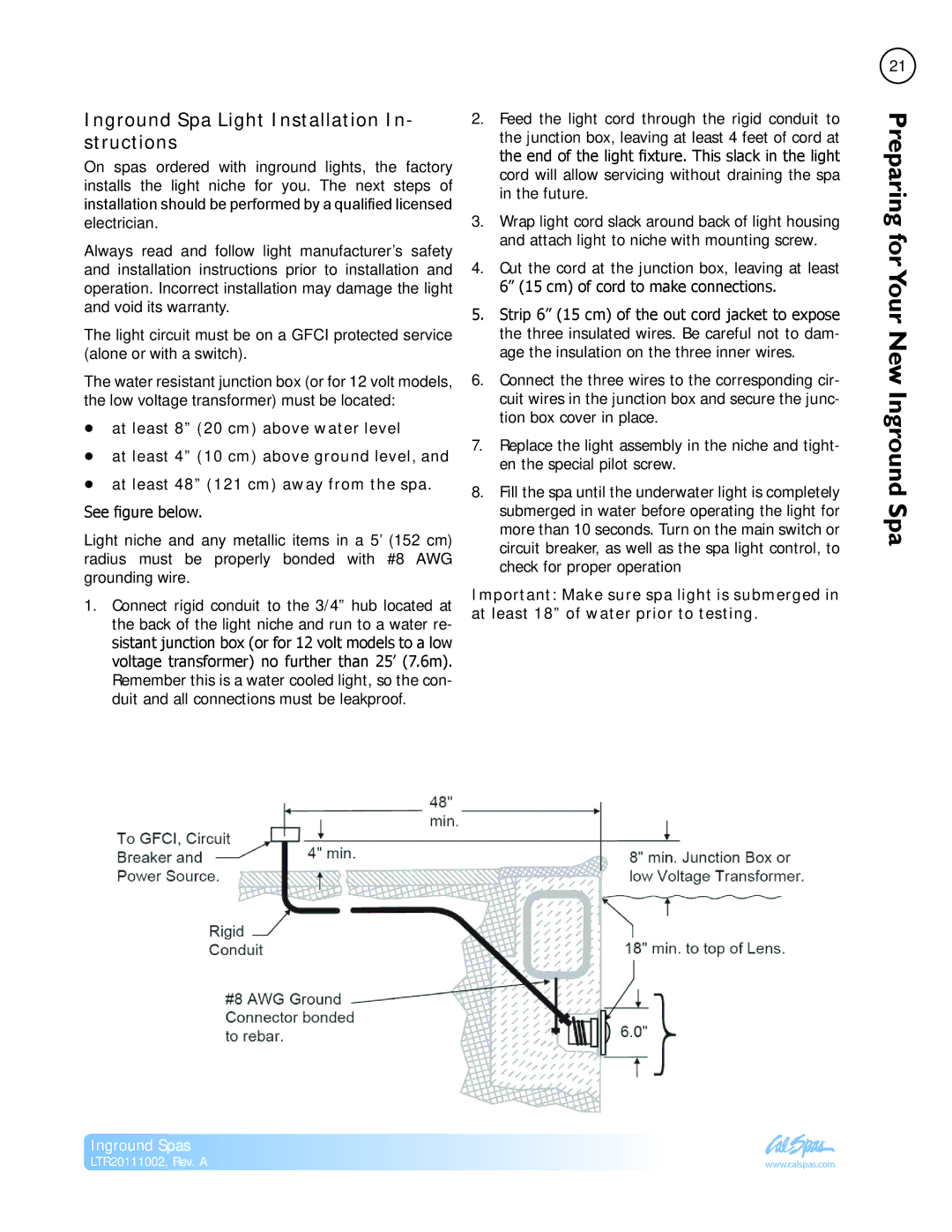 Cal Spas LTR20111002 manual Inground Spa Light Installation In- structions, See figure below 