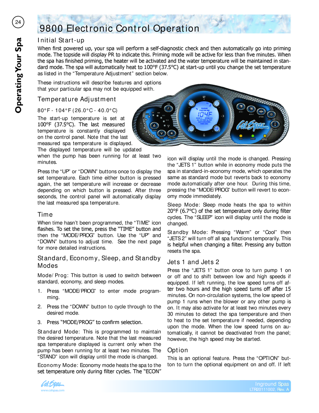 Cal Spas LTR20111002 manual Electronic Control Operation, Your Spa 