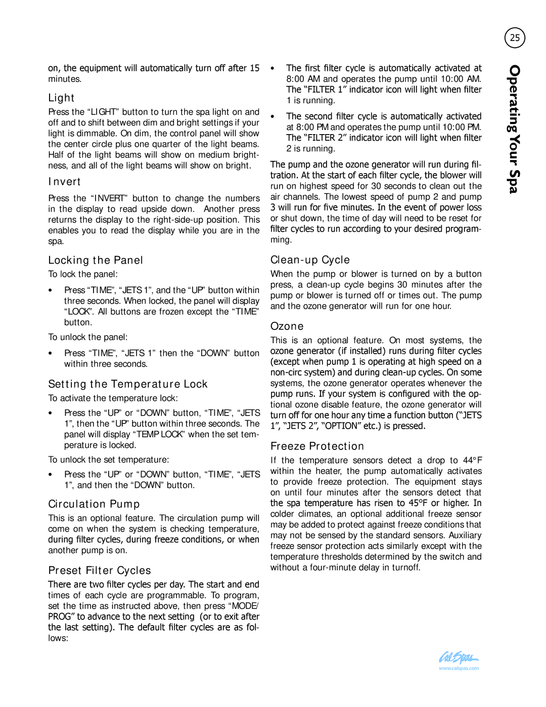 Cal Spas LTR20111002 Light, Invert, Locking the Panel, Setting the Temperature Lock, Circulation Pump, Clean-up Cycle 