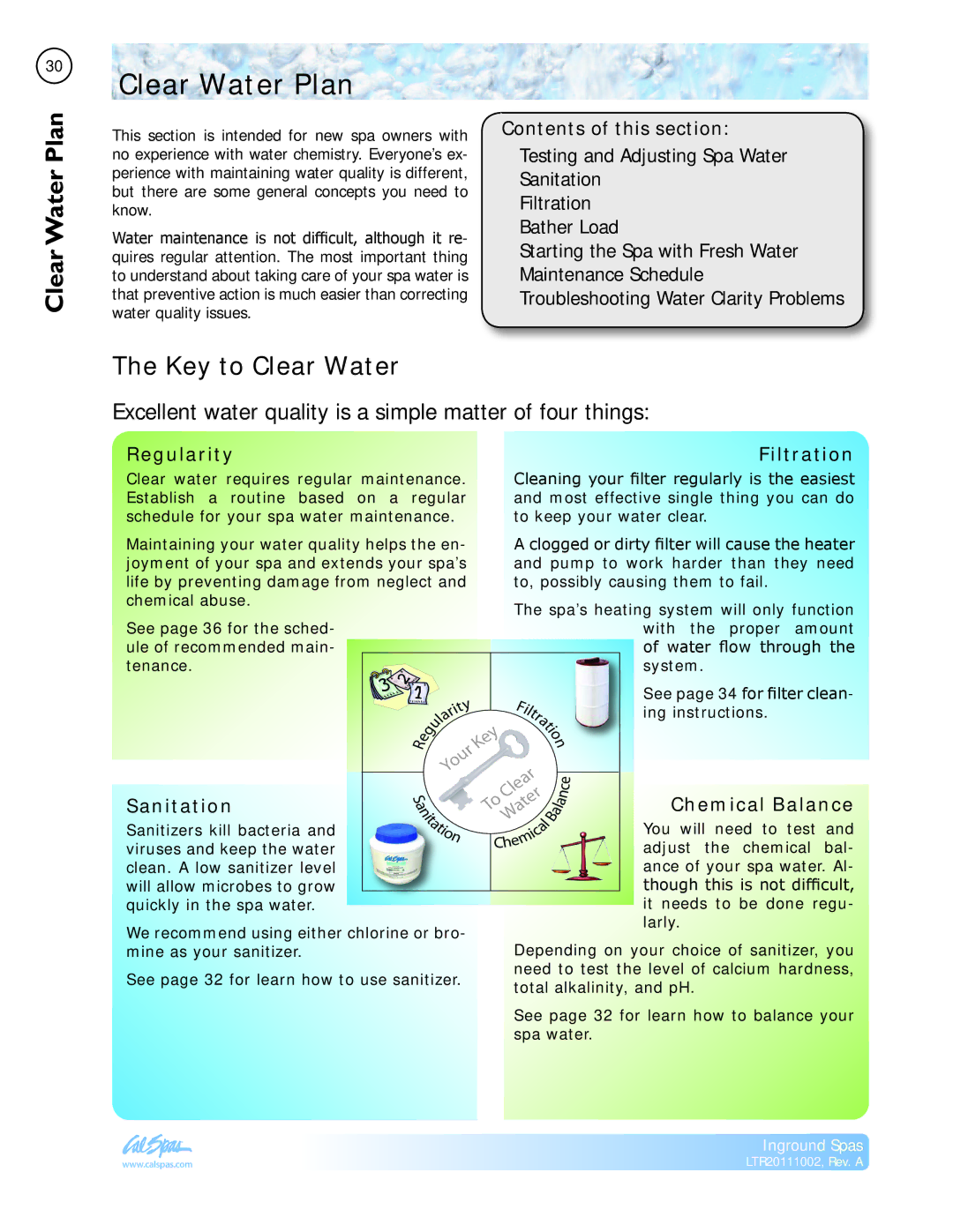 Cal Spas LTR20111002 manual Clear Water Plan, Clear PlanWater, Key to Clear Water, Contents of this section 