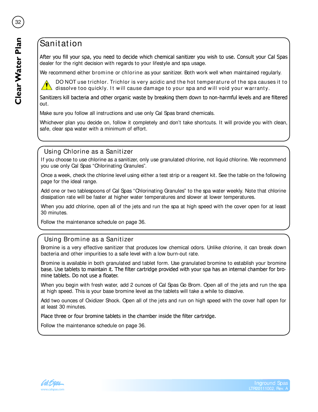 Cal Spas LTR20111002 manual Sanitation, Using Chlorine as a Sanitizer, Using Bromine as a Sanitizer 