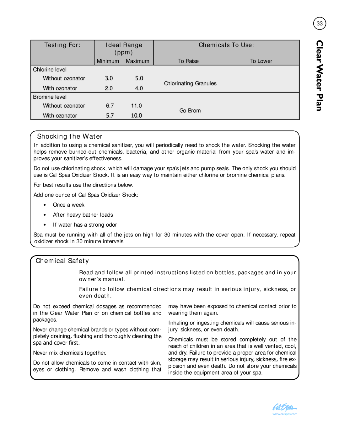 Cal Spas LTR20111002 manual Shocking the Water, Chemical Safety 