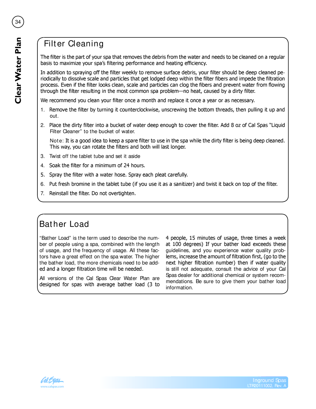 Cal Spas LTR20111002 manual Filter Cleaning, Bather Load 