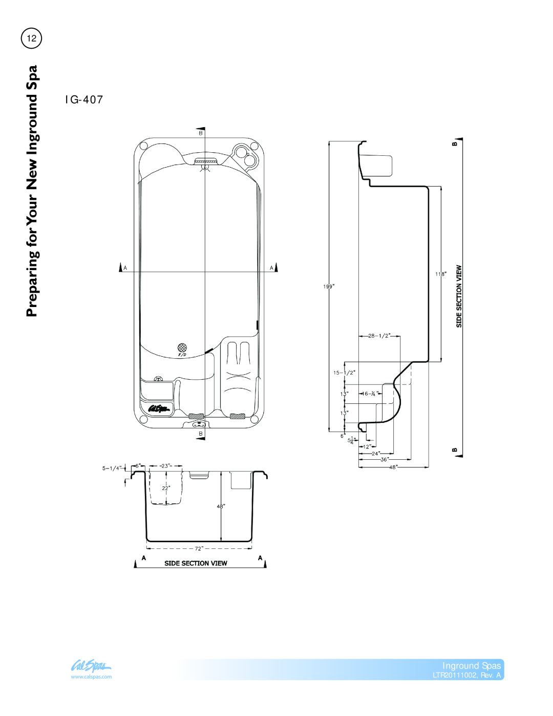 Cal Spas manual IG-407, Preparing forYour New Inground Spa, Inground Spas, LTR20111002, Rev. A 