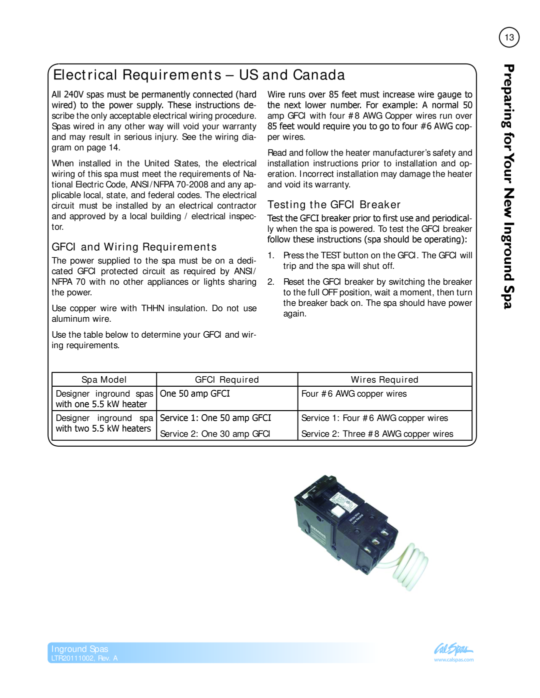 Cal Spas LTR20111002 manual Electrical Requirements - US and Canada, GFCI and Wiring Requirements, Testing the GFCI Breaker 