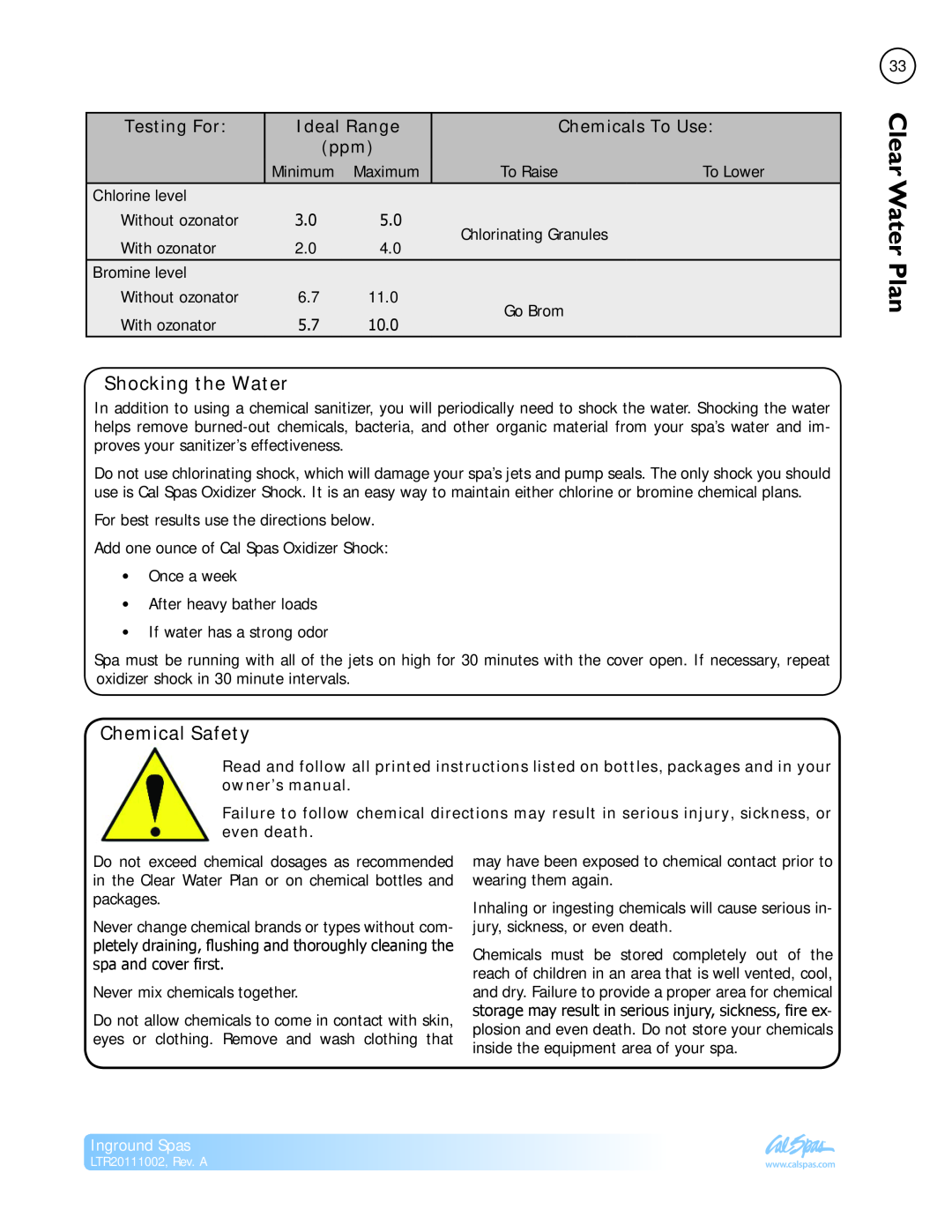Cal Spas LTR20111002 Shocking the Water, Chemical Safety, Ideal Range, Clear Water Plan, Testing For, Chemicals To Use 