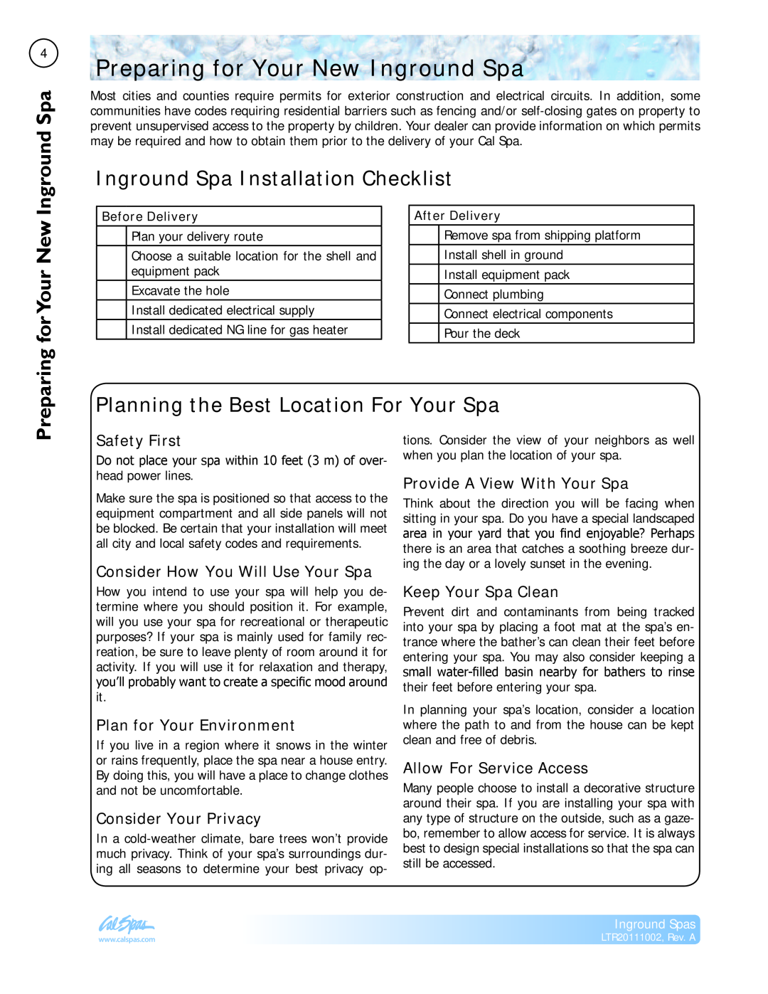 Cal Spas LTR20111002 Preparing for Your New Inground Spa, Inground Spa Installation Checklist, forYour New, Safety First 