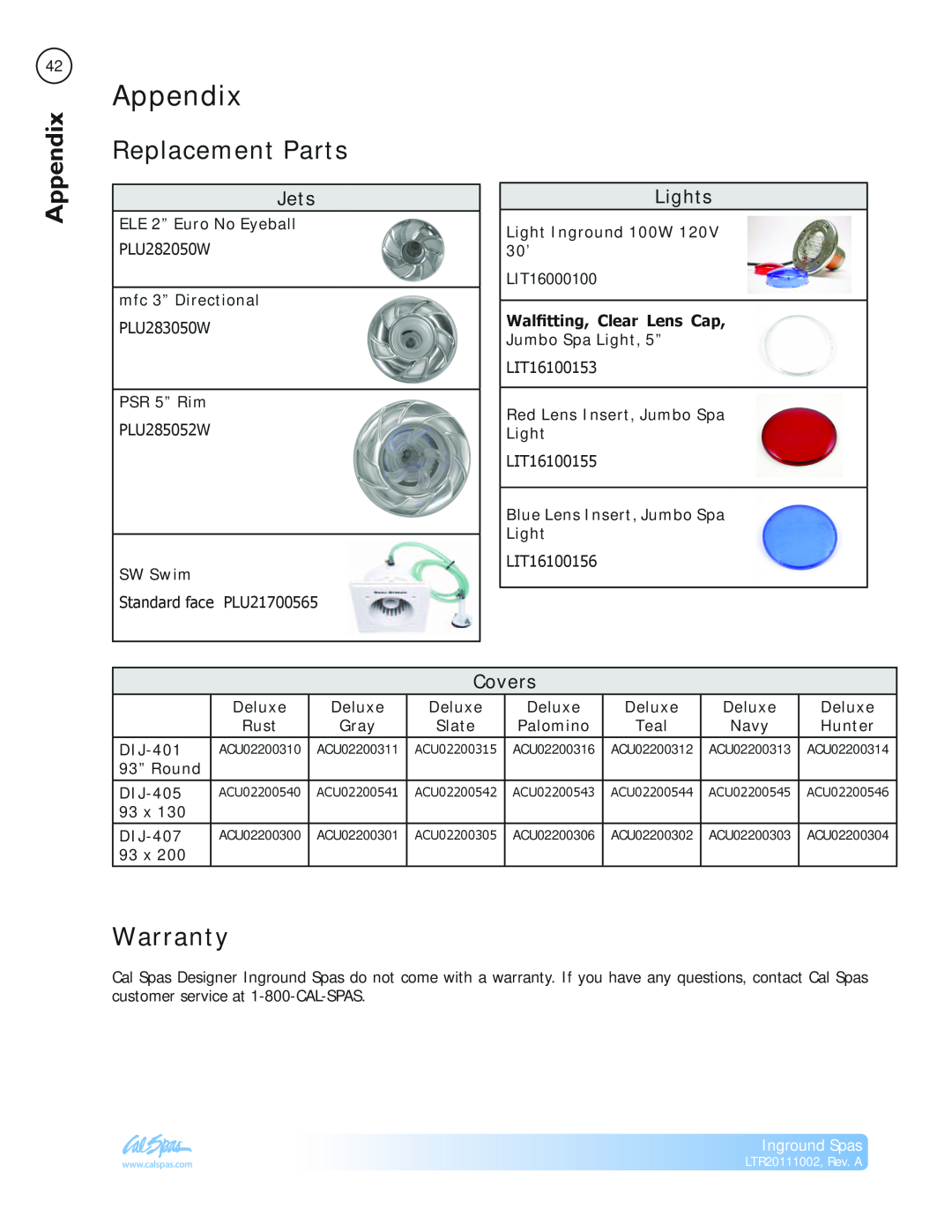 Cal Spas LTR20111002 manual Appendix, Replacement Parts, Warranty, Jets, Lights, Covers, Inground Spas 