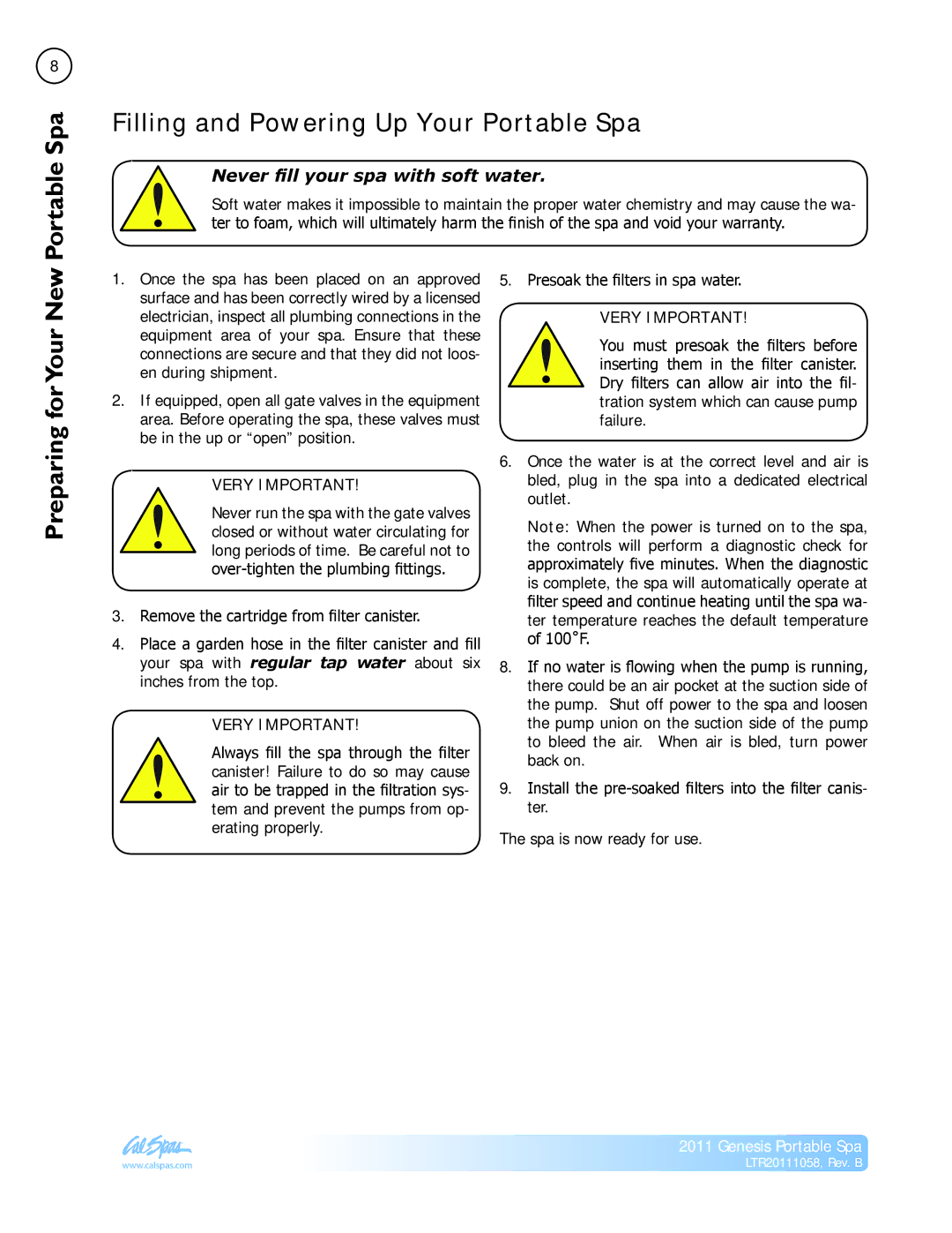 Cal Spas LTR20111058 manual Filling and Powering Up Your Portable Spa, Preparing forYour New 