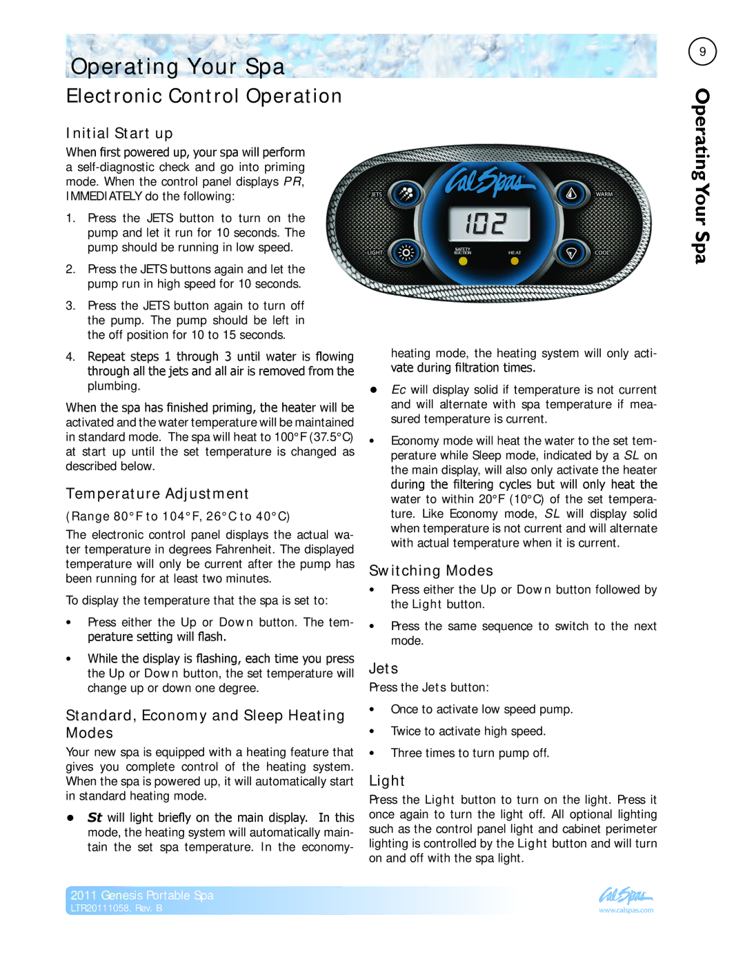 Cal Spas LTR20111058 manual Operating Your Spa, Electronic Control Operation 