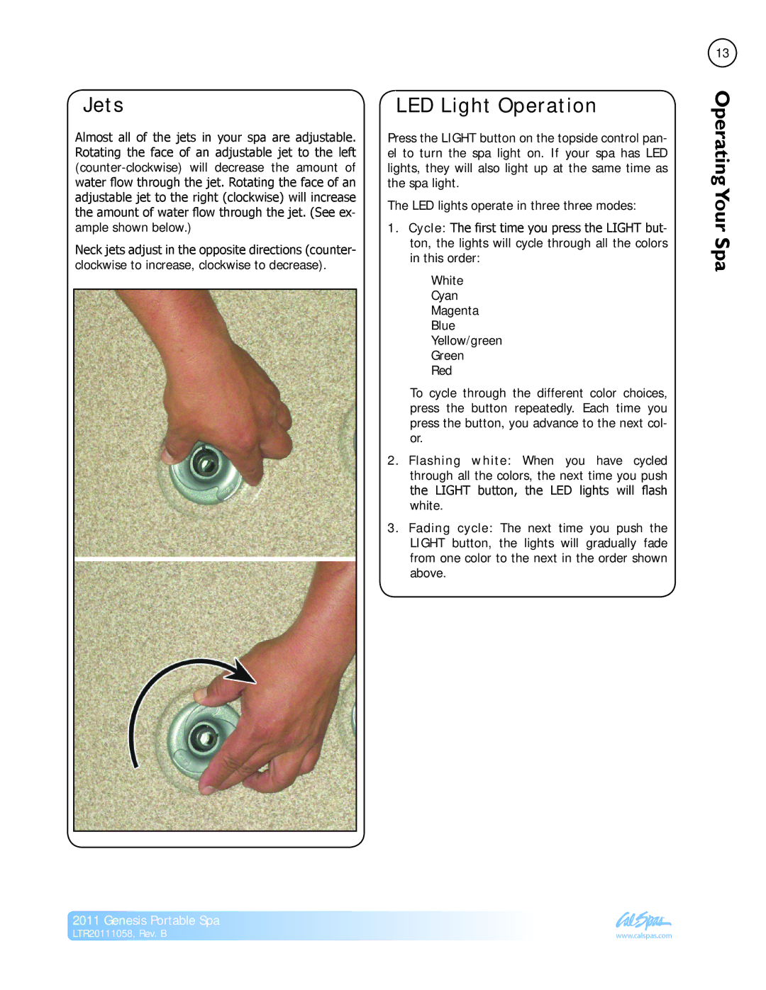 Cal Spas LTR20111058 manual Jets, LED Light Operation 