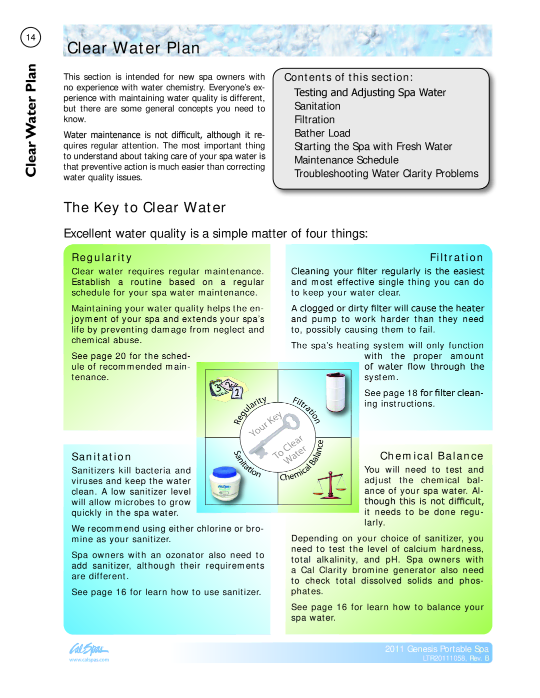 Cal Spas LTR20111058 manual Clear Water Plan, Clear PlanWater, Key to Clear Water, Contents of this section 