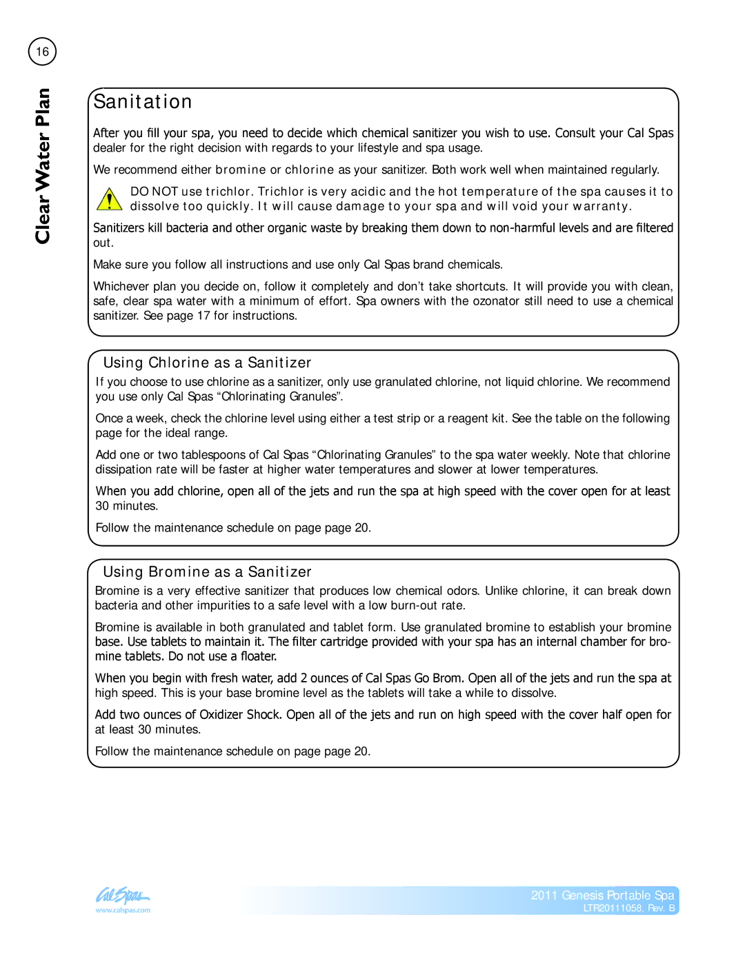 Cal Spas LTR20111058 manual Sanitation, Using Chlorine as a Sanitizer, Using Bromine as a Sanitizer 