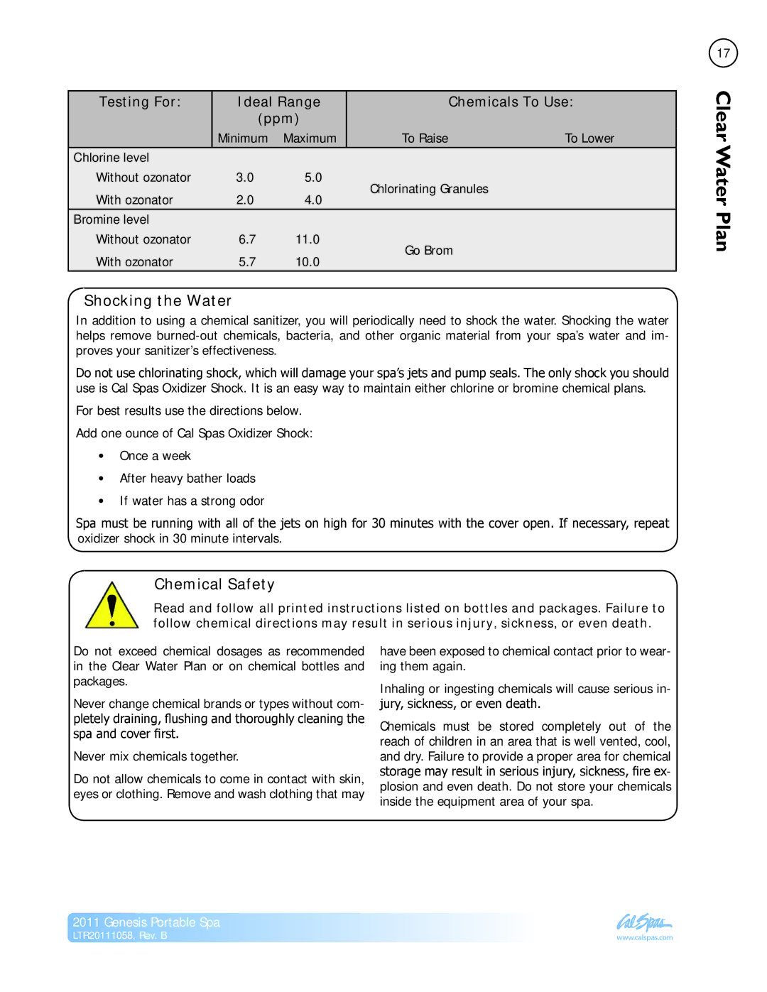 Cal Spas LTR20111058 manual Shocking the Water, Chemical Safety 