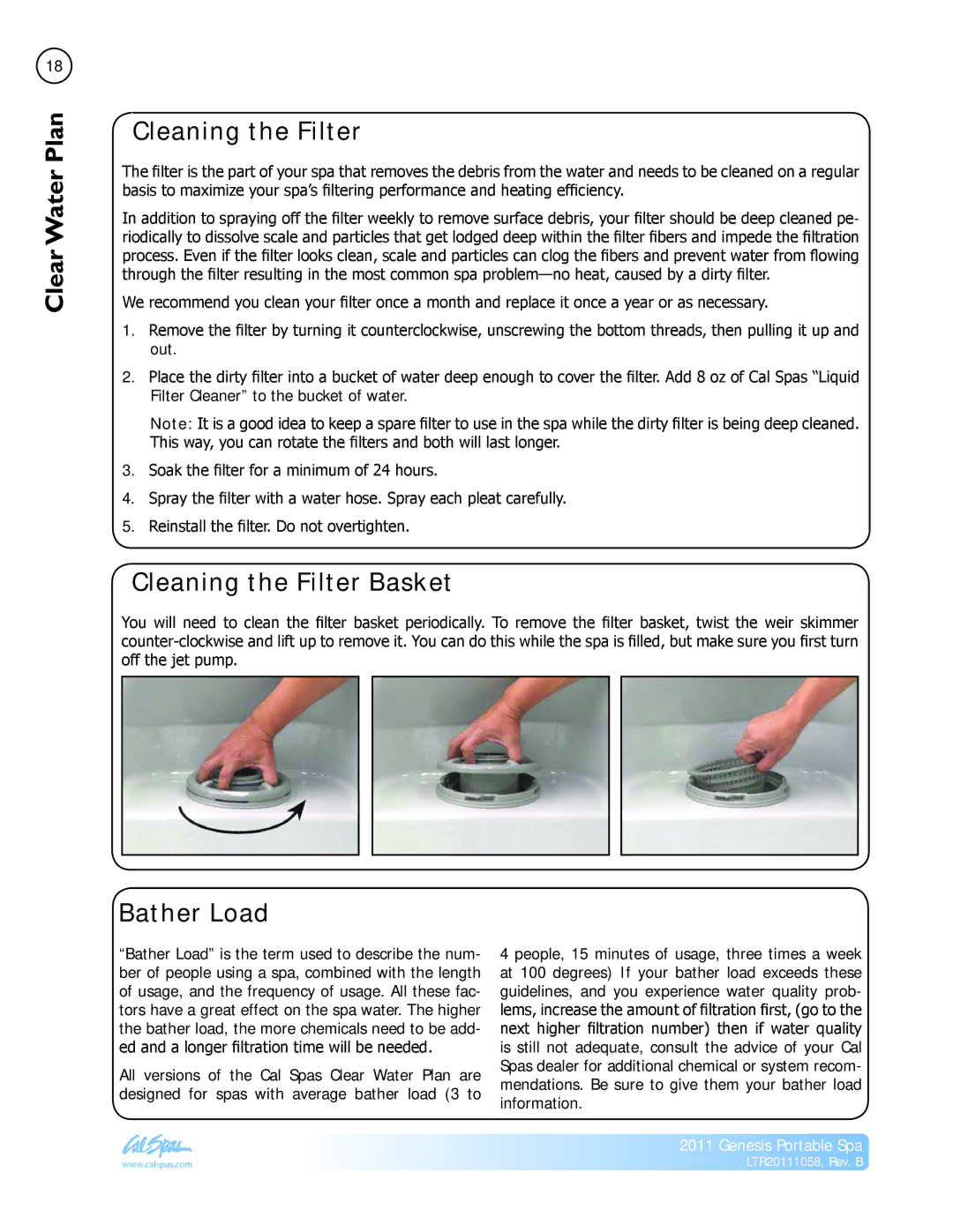 Cal Spas LTR20111058 manual Cleaning the Filter Basket, Bather Load 