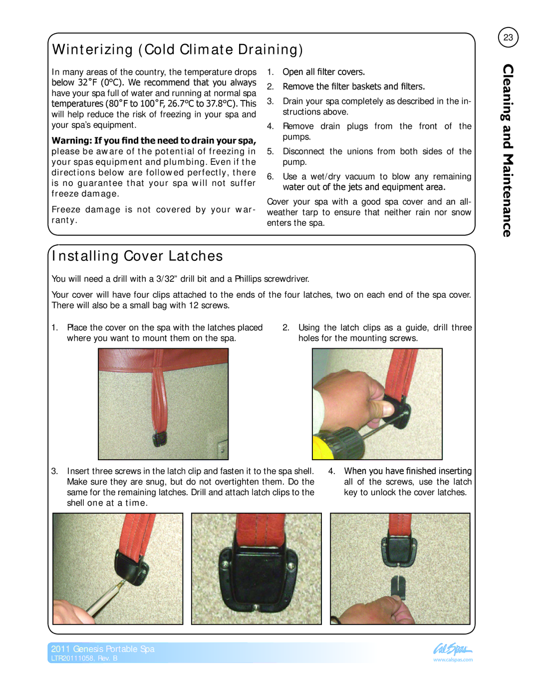 Cal Spas LTR20111058 manual Winterizing Cold Climate Draining, Cleaning and Maintenance, Installing Cover Latches 