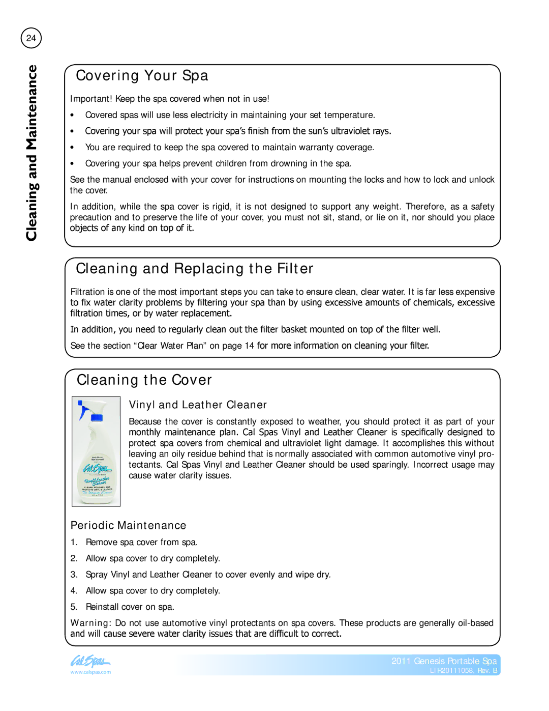 Cal Spas LTR20111058 Covering Your Spa, Cleaning and Replacing the Filter, Cleaning the Cover, Vinyl and Leather Cleaner 