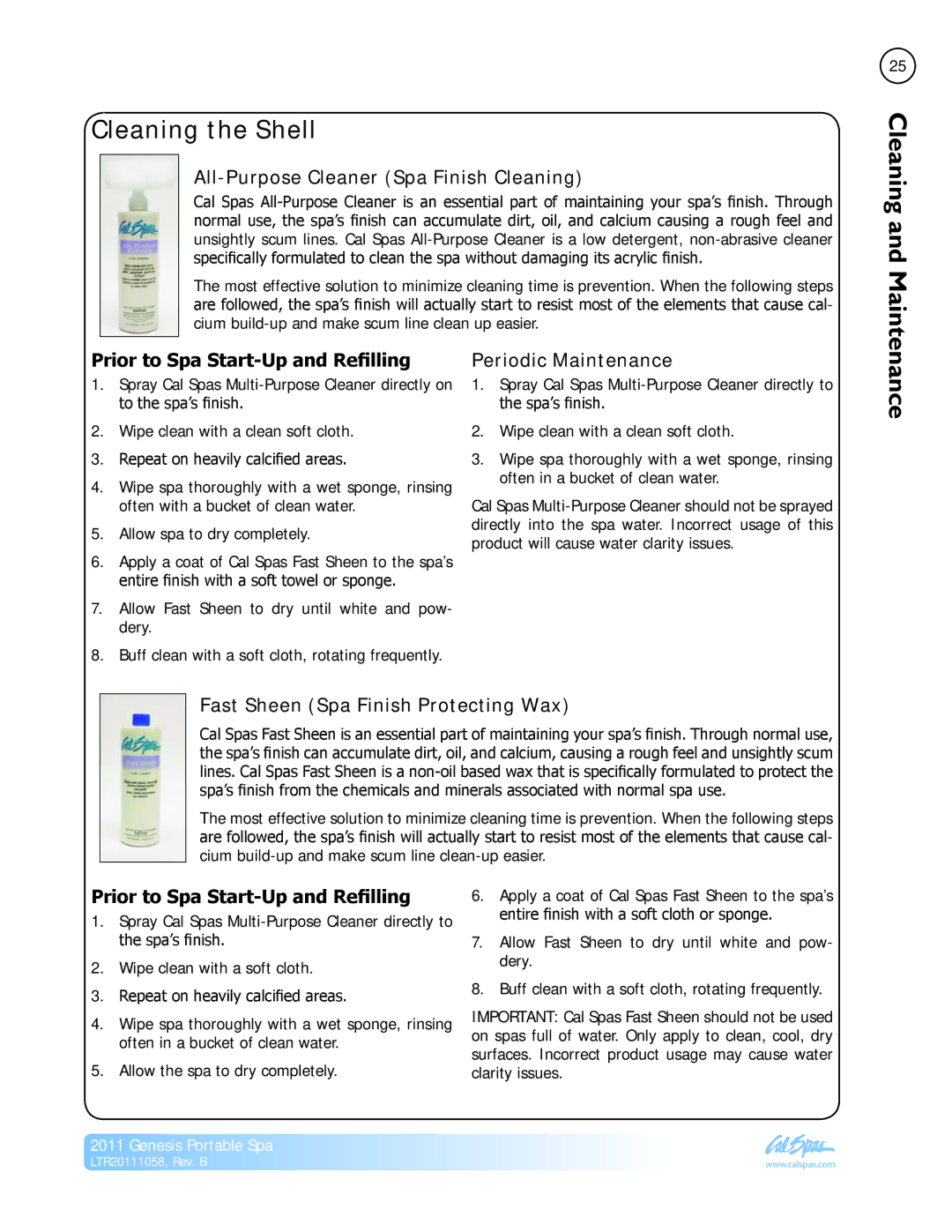 Cal Spas LTR20111058 Cleaning the Shell, All-Purpose Cleaner Spa Finish Cleaning, Prior to Spa Start-Up and Refilling 