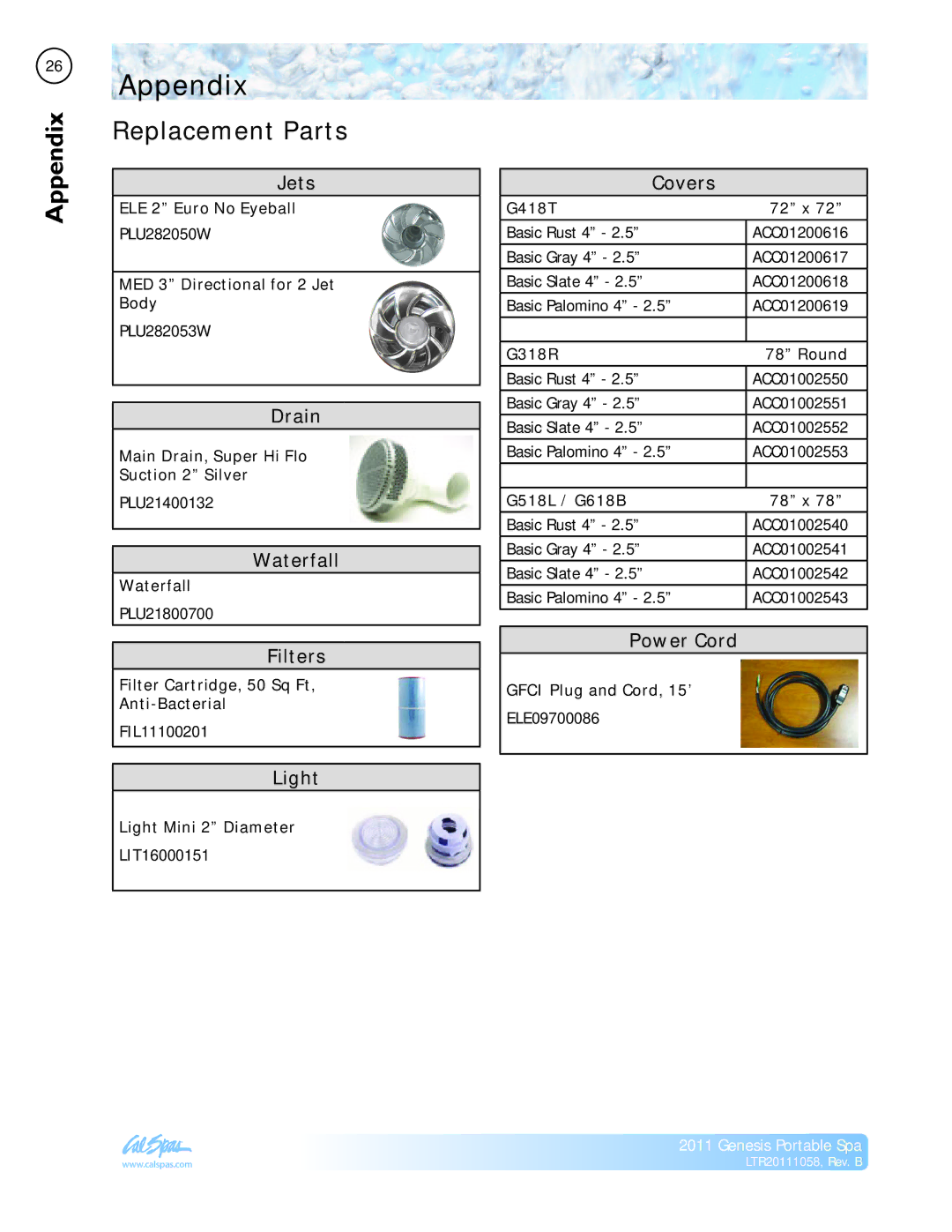 Cal Spas LTR20111058 manual Appendix, Replacement Parts 