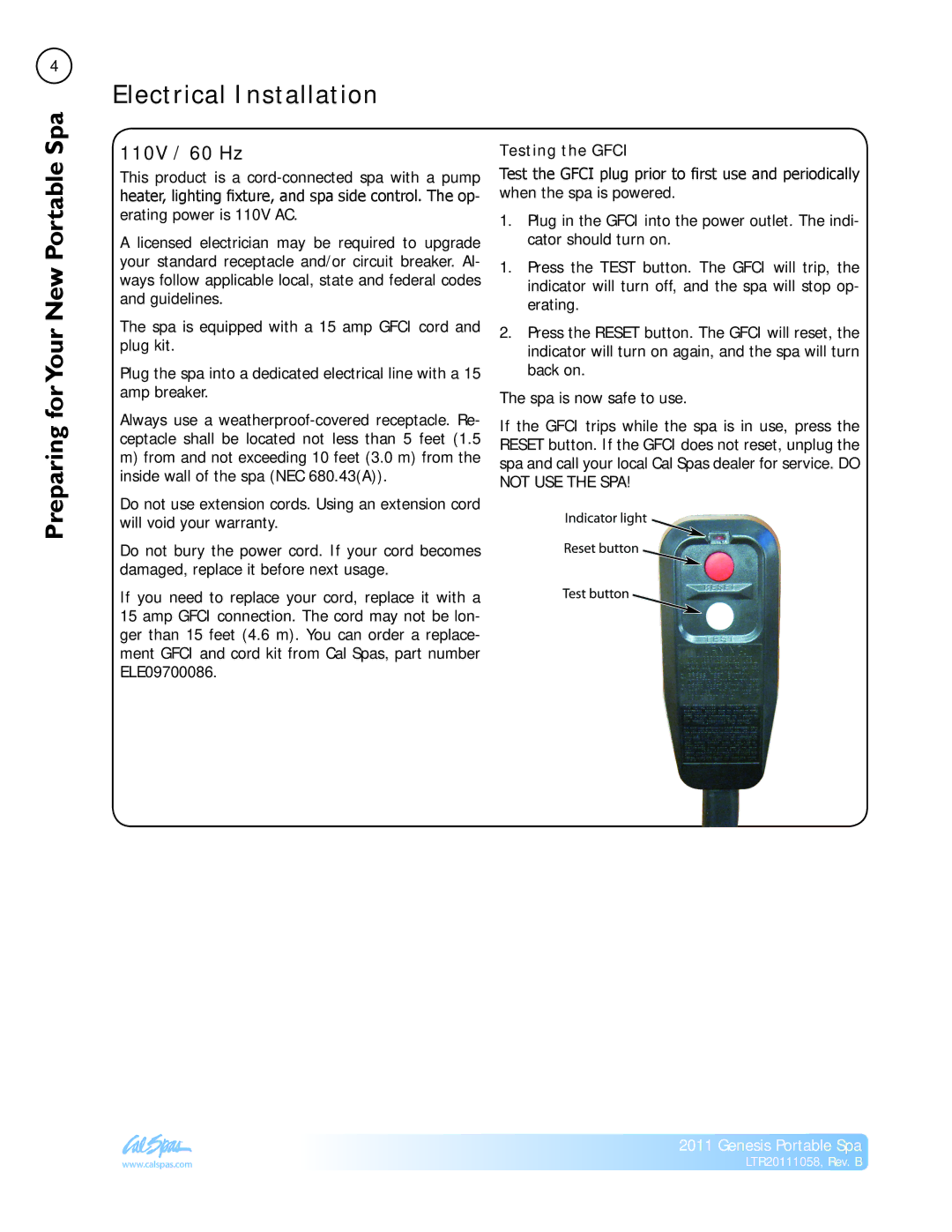 Cal Spas LTR20111058 manual Preparing forYour New Portable Spa, Electrical Installation, 110V / 60 Hz, Testing the Gfci 