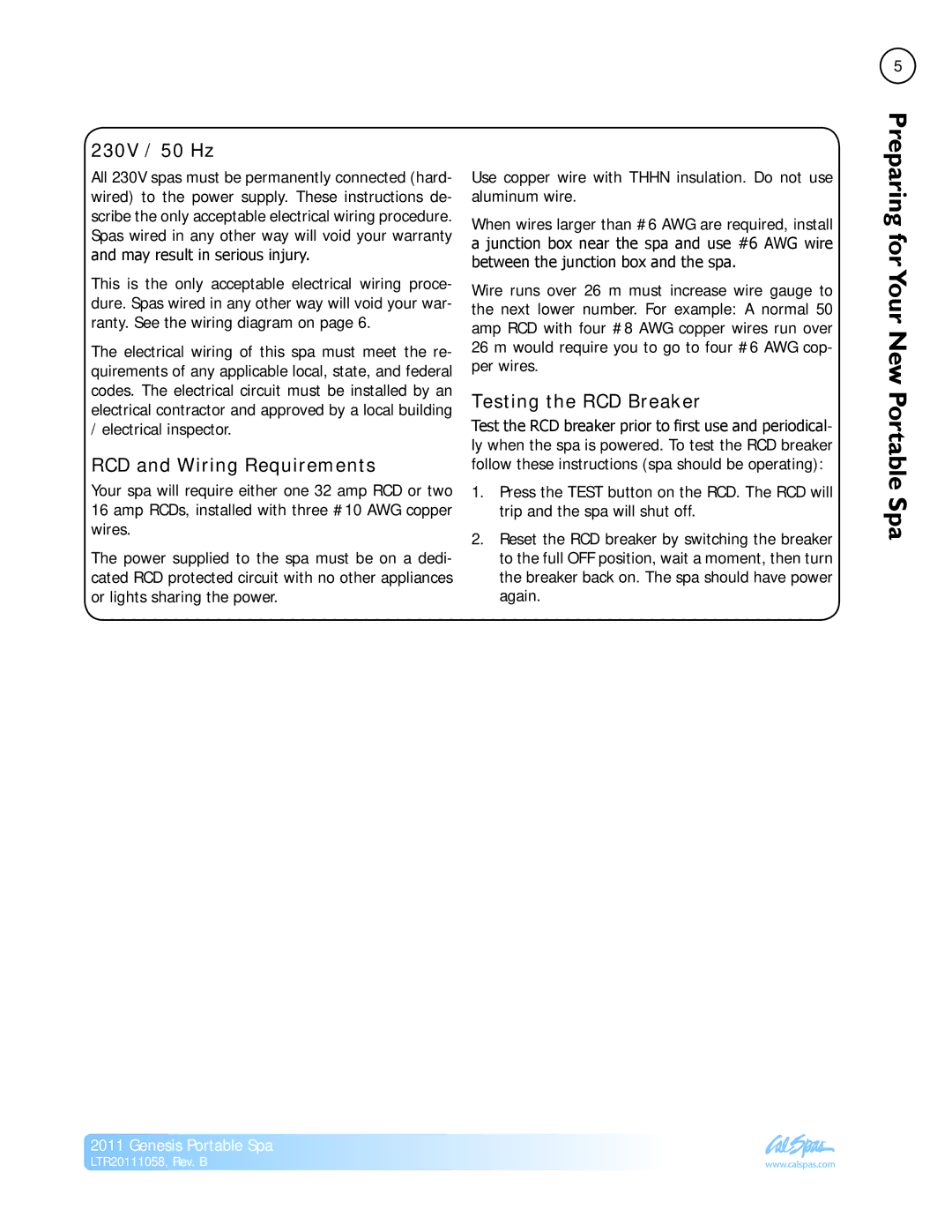 Cal Spas LTR20111058 manual Your New Portable Spa, 230V / 50 Hz, RCD and Wiring Requirements, Testing the RCD Breaker 