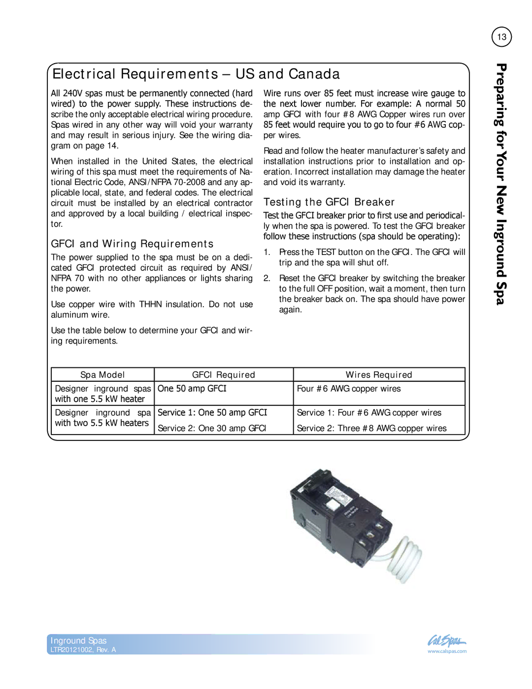 Cal Spas LTR20121002 manual Electrical Requirements US and Canada, Gfci and Wiring Requirements, Testing the Gfci Breaker 