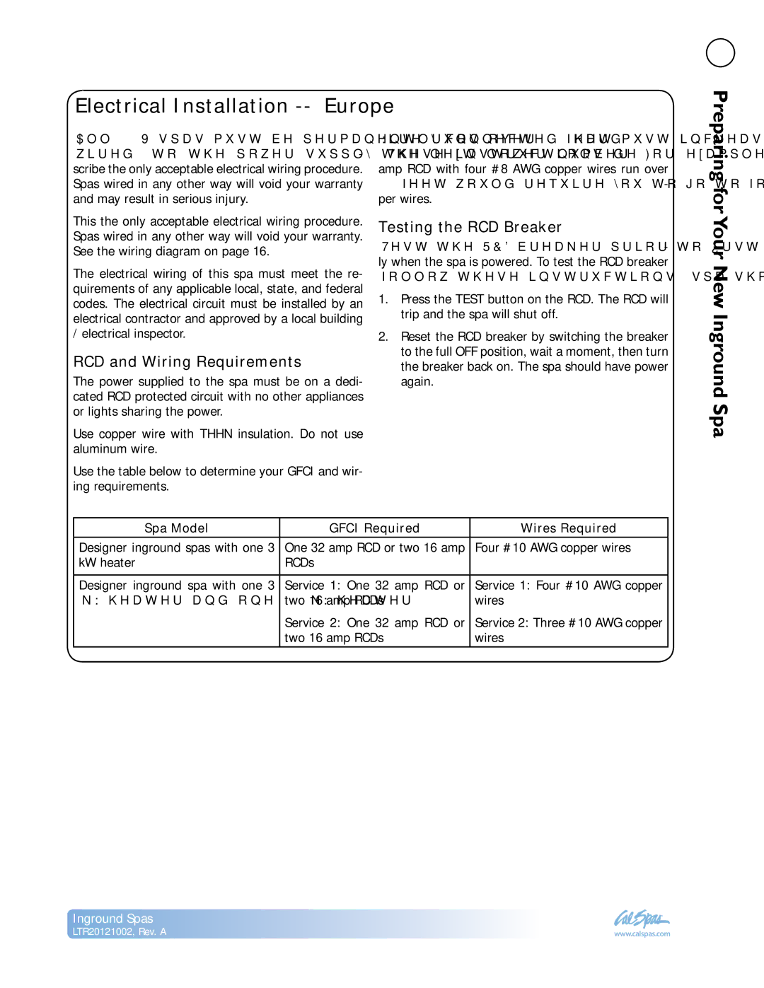 Cal Spas LTR20121002 manual Electrical Installation -- Europe, RCD and Wiring Requirements, Testing the RCD Breaker 