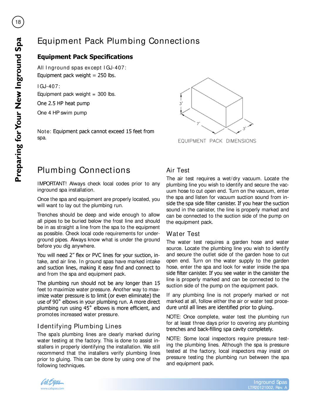 Cal Spas LTR20121002 manual Equipment Pack Plumbing Connections 