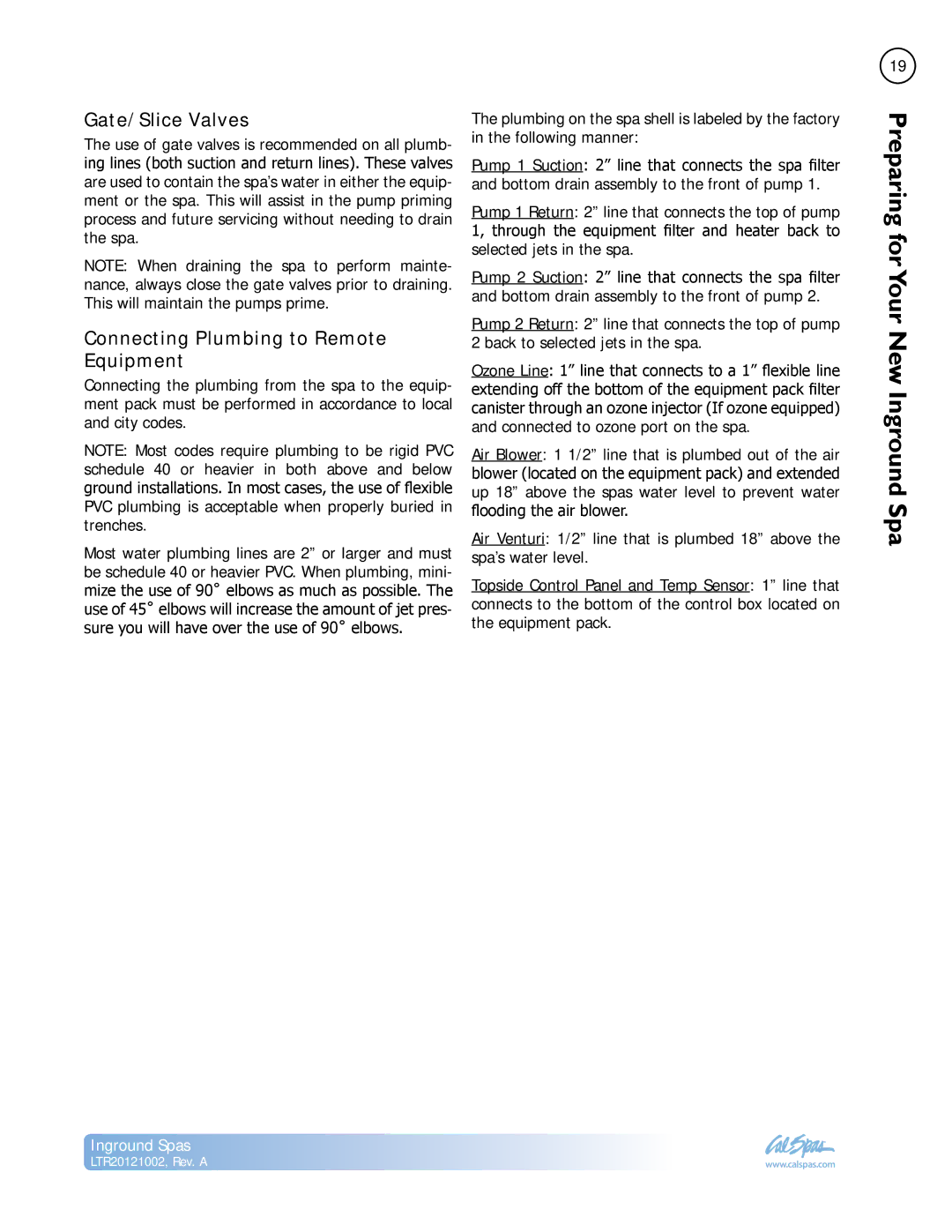 Cal Spas LTR20121002 manual Gate/Slice Valves, Connecting Plumbing to Remote Equipment 
