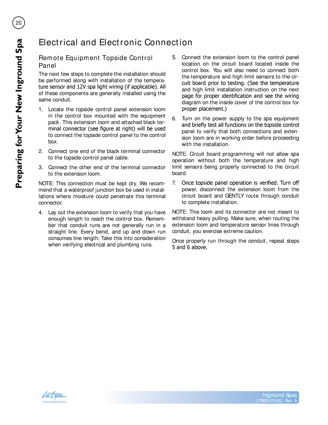 Cal Spas LTR20121002 manual Electrical and Electronic Connection, Remote Equipment Topside Control Panel 