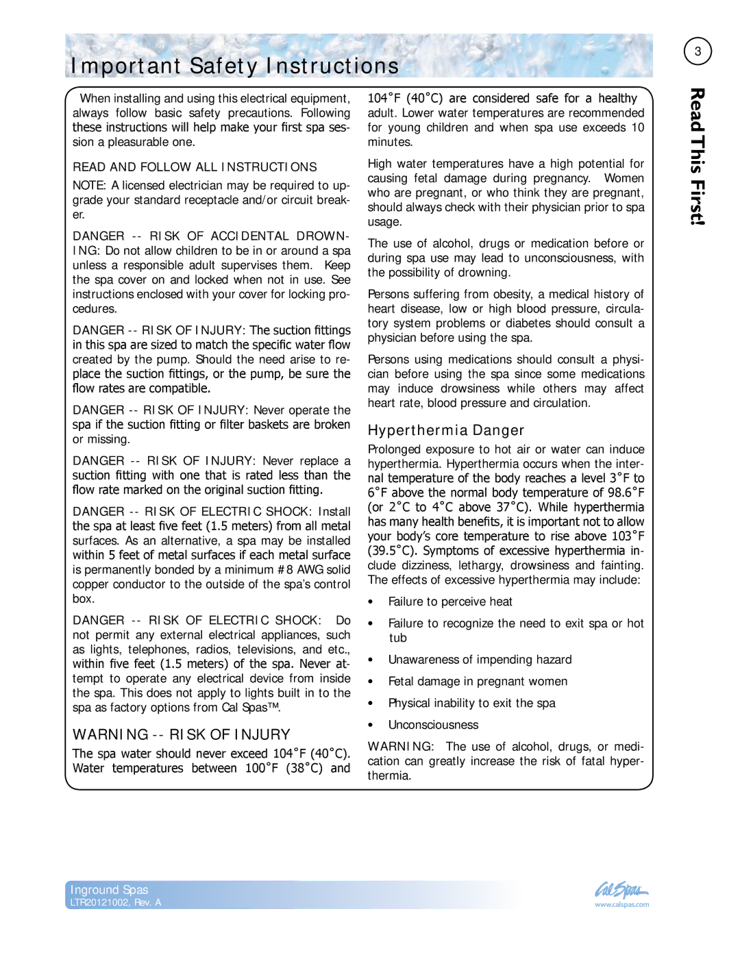 Cal Spas LTR20121002 manual Important Safety Instructions, Hyperthermia Danger 