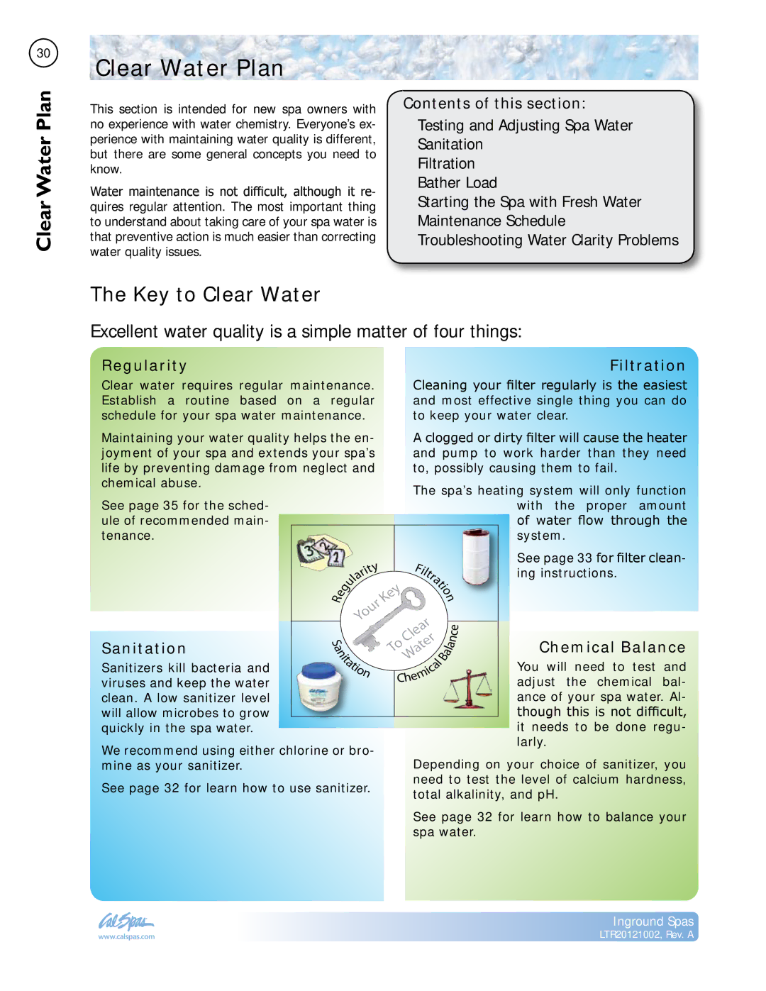 Cal Spas LTR20121002 manual Clear Water Plan, Key to Clear Water, Contents of this section 