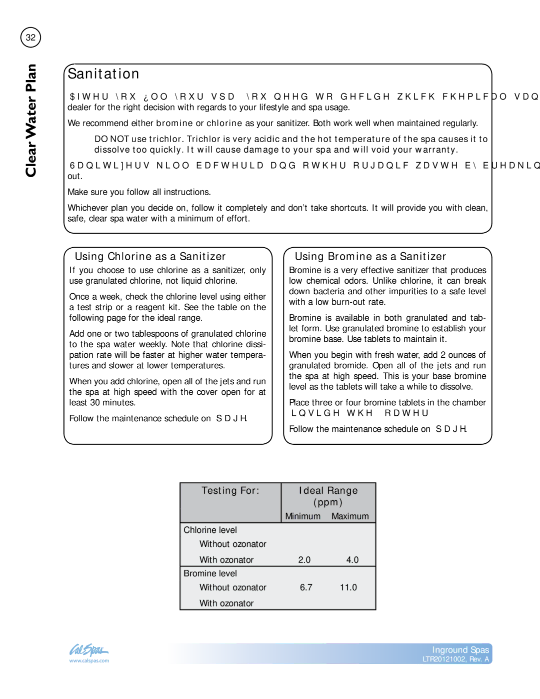 Cal Spas LTR20121002 manual Sanitation, Using Chlorine as a Sanitizer, Using Bromine as a Sanitizer 