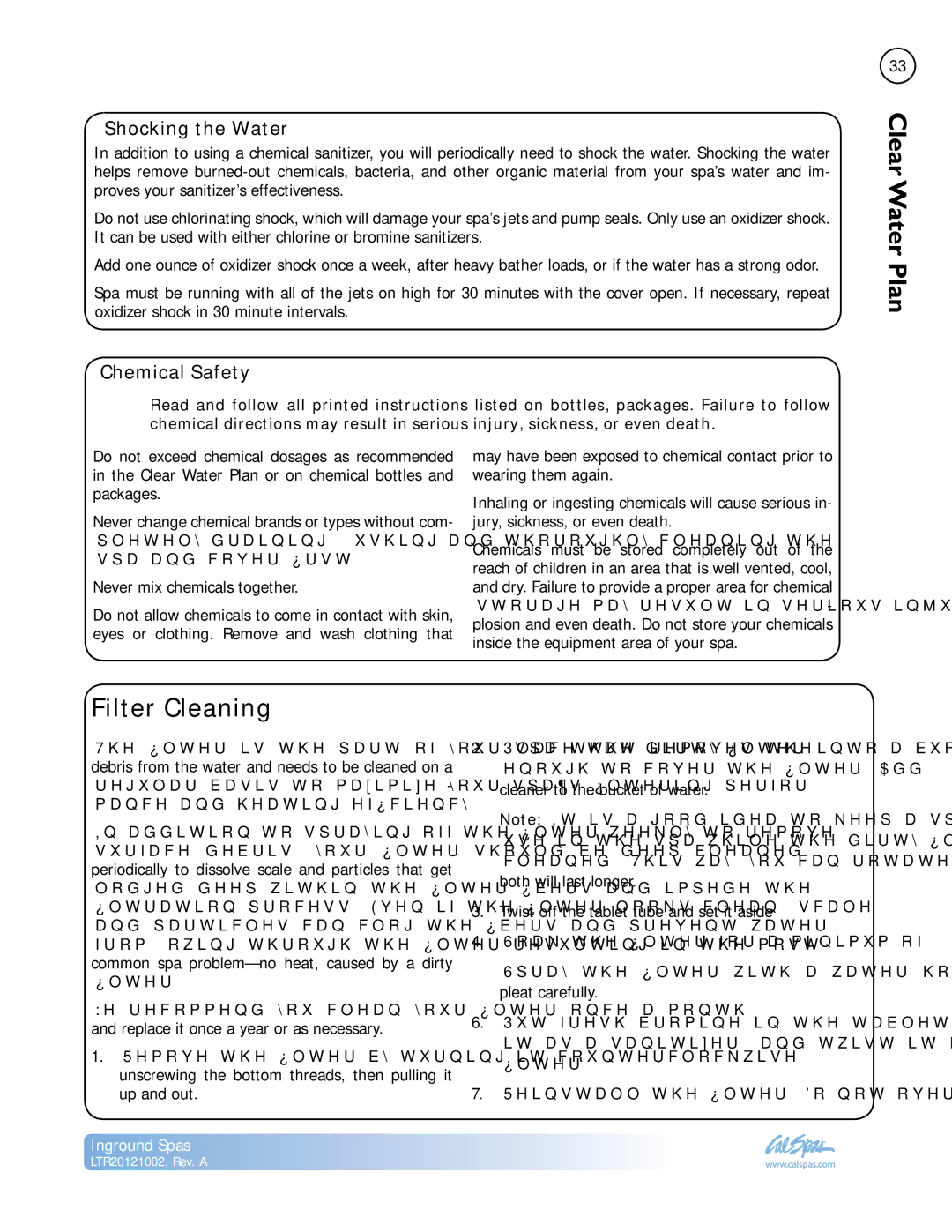 Cal Spas LTR20121002 manual Filter Cleaning, Shocking the Water, Chemical Safety 