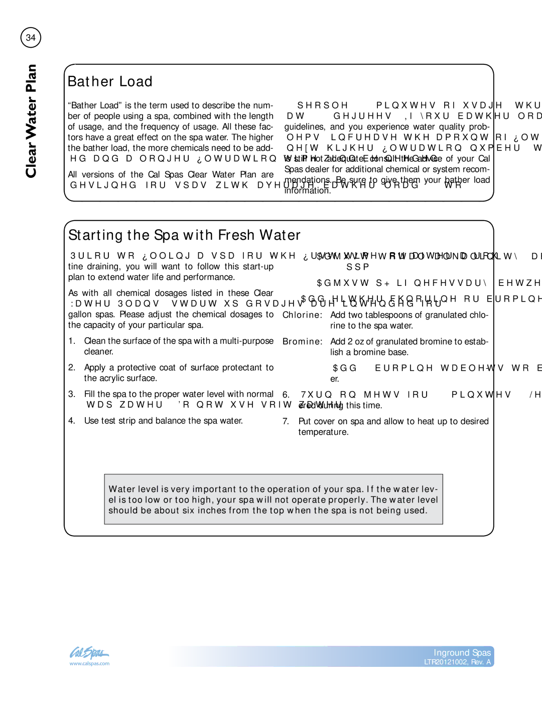 Cal Spas LTR20121002 manual Bather Load, Starting the Spa with Fresh Water 