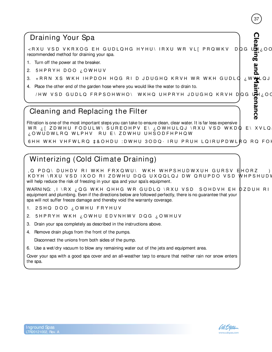 Cal Spas LTR20121002 manual Draining Your Spa, Cleaning and Replacing the Filter, Winterizing Cold Climate Draining 