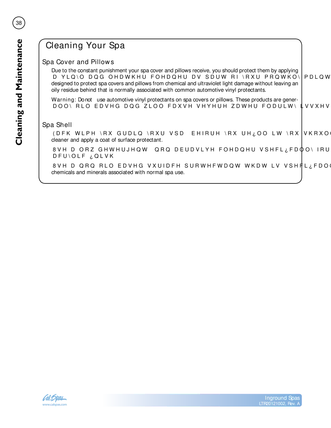 Cal Spas LTR20121002 manual Cleaning Your Spa, Spa Cover and Pillows, Spa Shell 