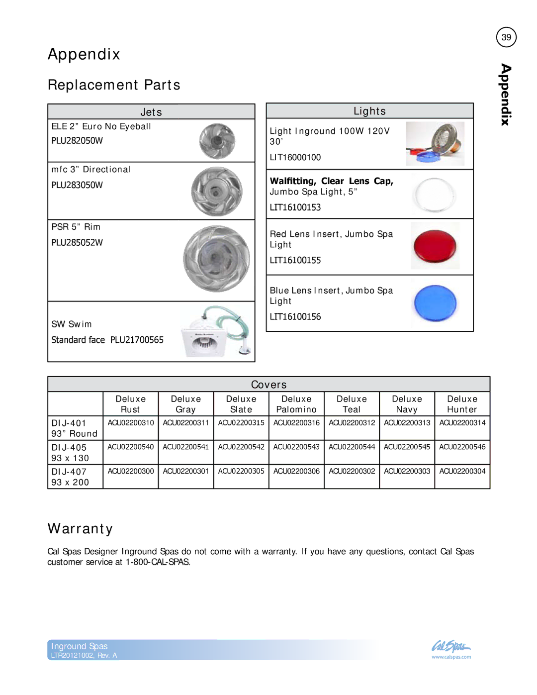 Cal Spas LTR20121002 manual Appendix, Replacement Parts, Warranty 