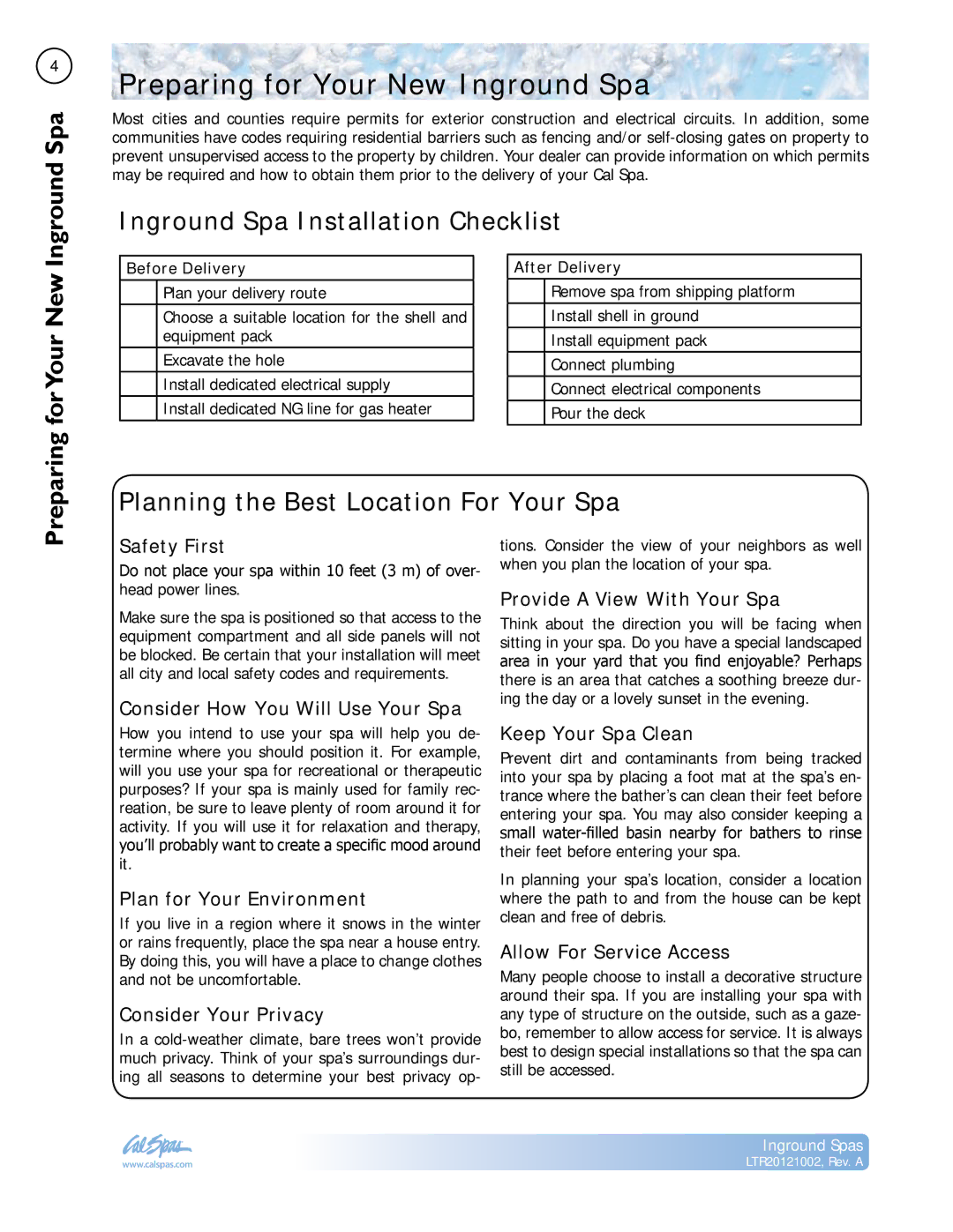 Cal Spas LTR20121002 manual Preparing for Your New Inground Spa, Inground Spa Installation Checklist 