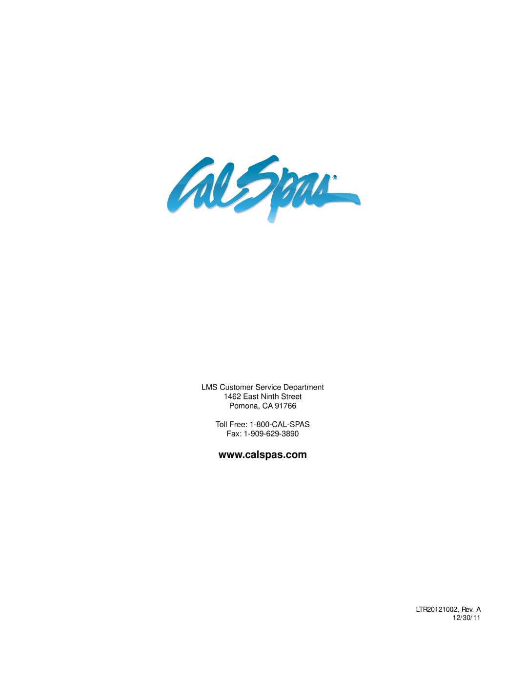 Cal Spas manual LTR20121002, Rev. a 12/30/11 