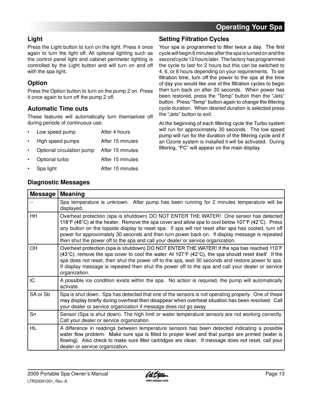 Cal Spas Portable Spas manual Light, Option, Automatic Time outs, Setting Filtration Cycles, Diagnostic Messages Meaning 