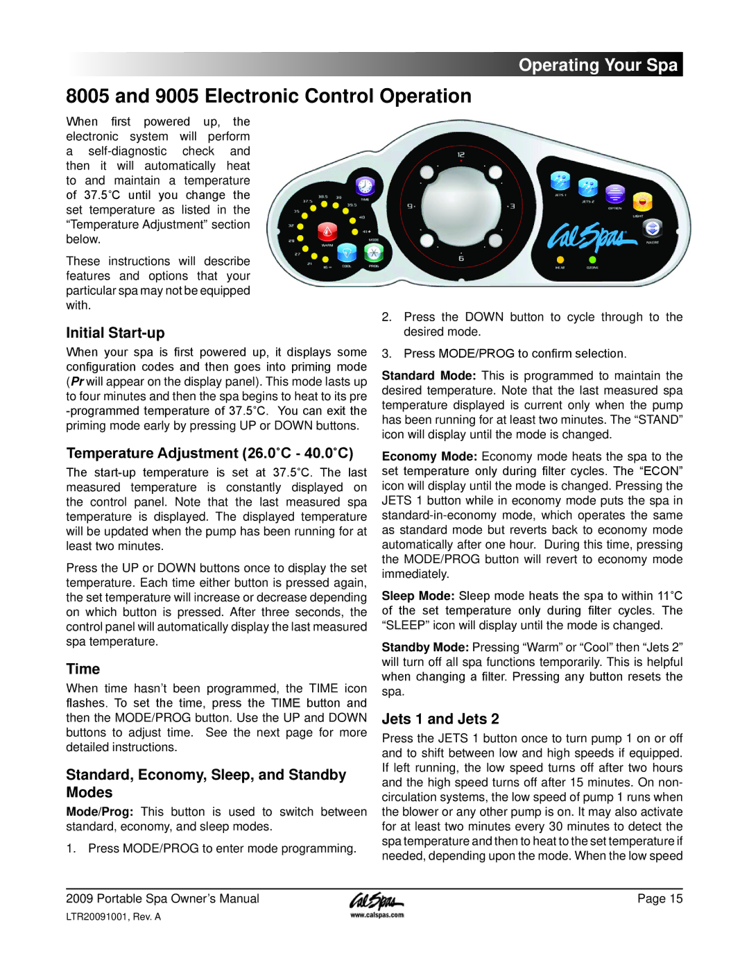 Cal Spas Portable Spas manual Electronic Control Operation 