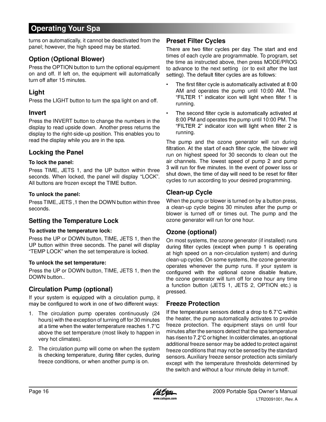 Cal Spas Portable Spas Option Optional Blower, Invert, Locking the Panel, Setting the Temperature Lock, Clean-up Cycle 
