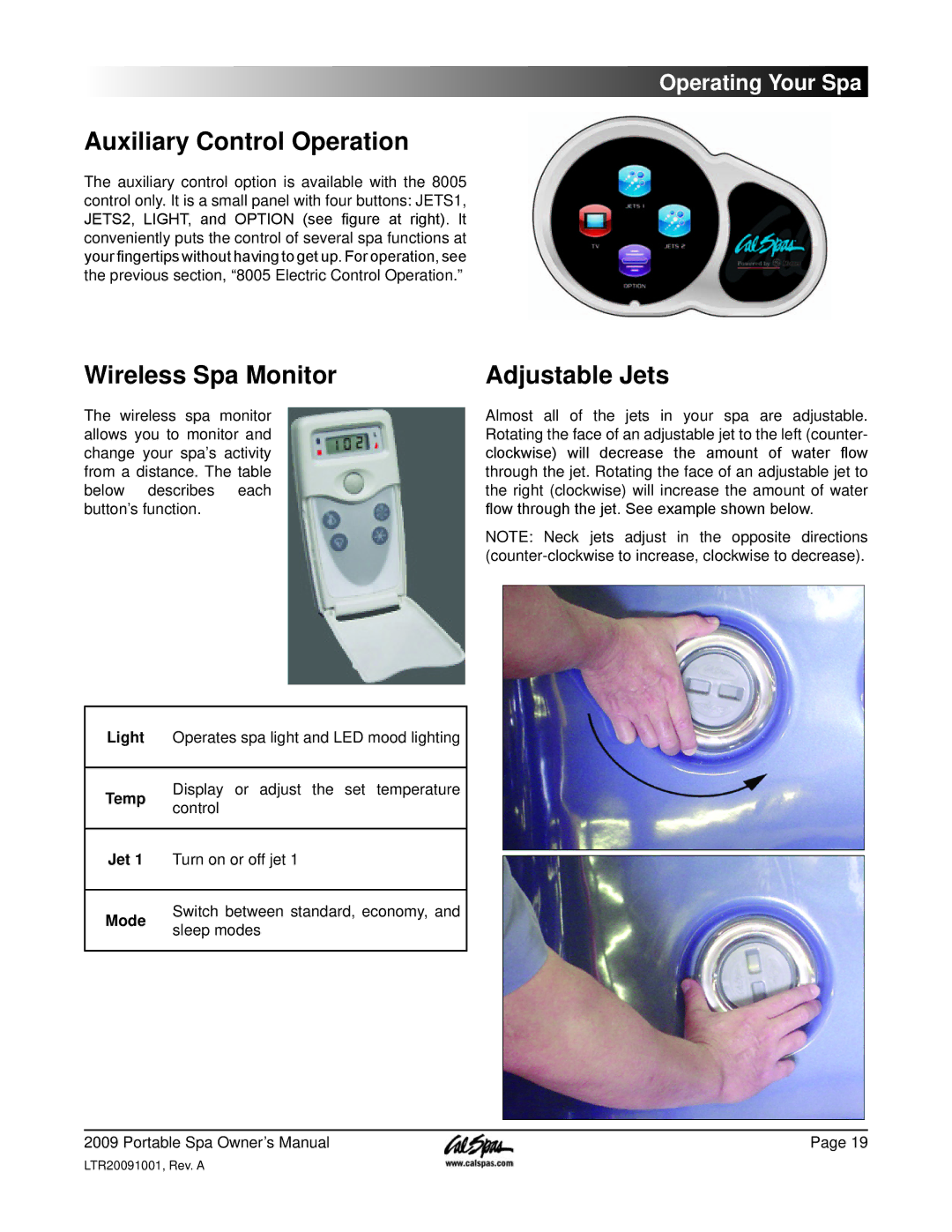 Cal Spas Portable Spas manual Auxiliary Control Operation, Wireless Spa Monitor, Adjustable Jets 