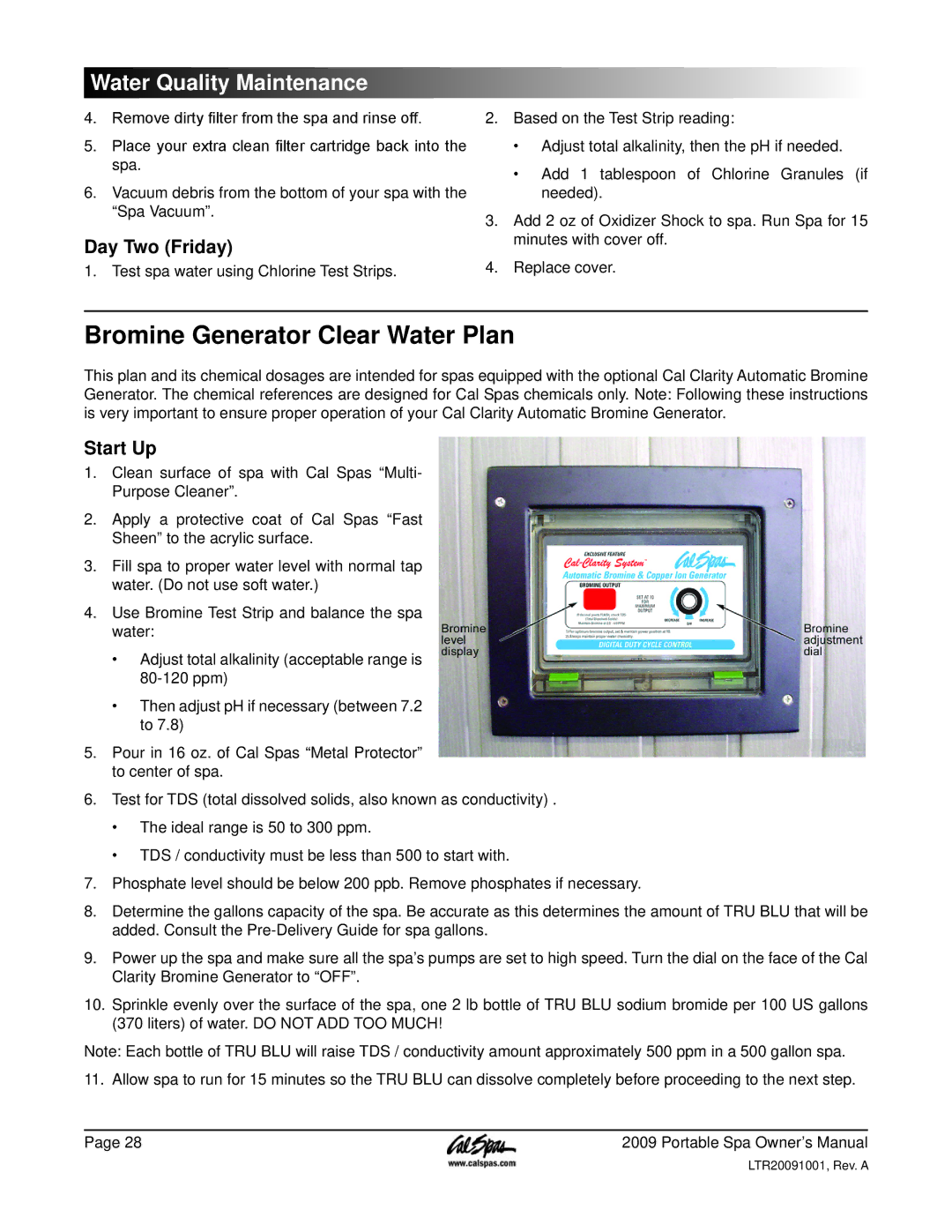 Cal Spas Portable Spas manual Bromine Generator Clear Water Plan, Day Two Friday 