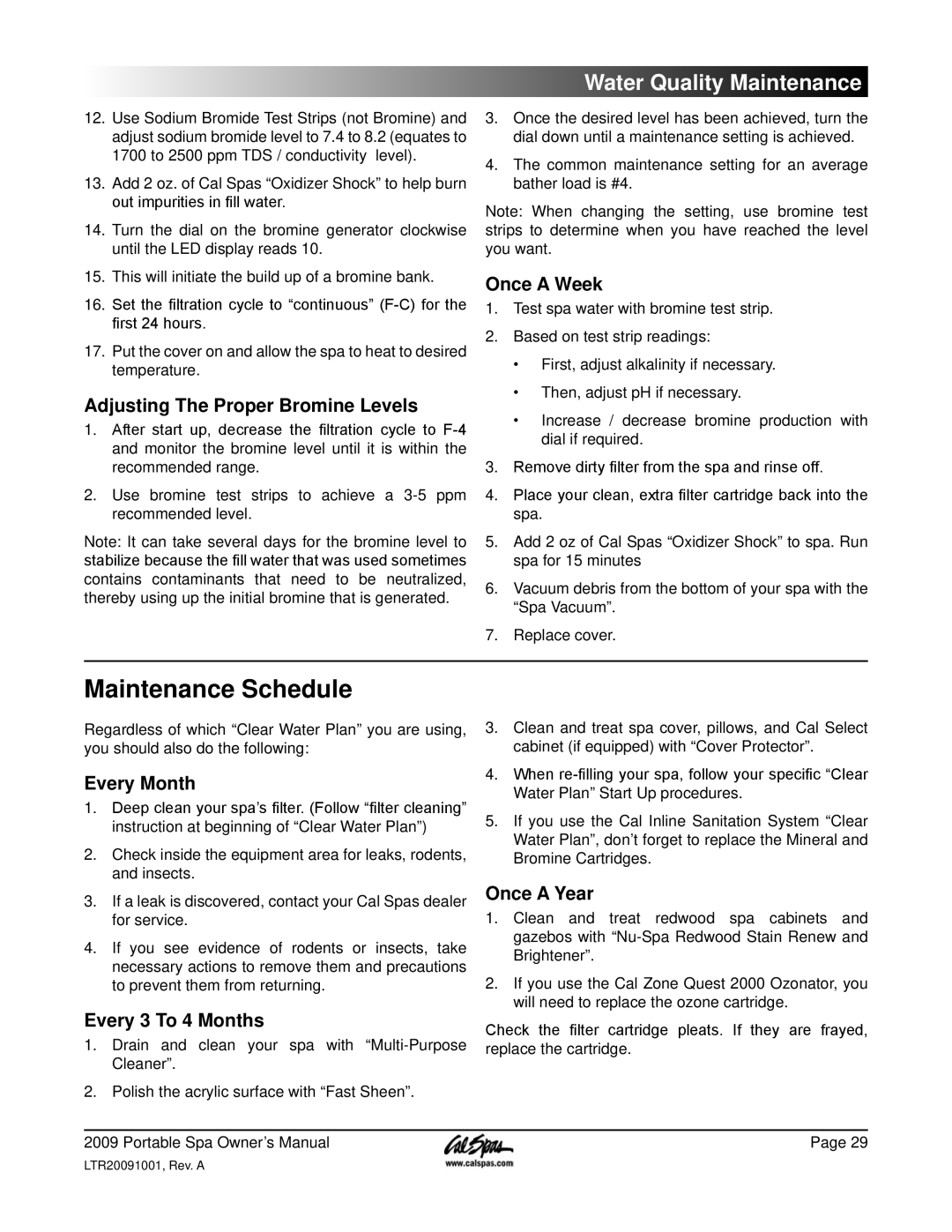 Cal Spas Portable Spas manual Maintenance Schedule 