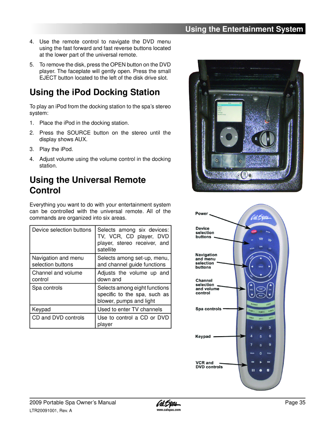 Cal Spas Portable Spas manual Using the iPod Docking Station, Using the Universal Remote Control 