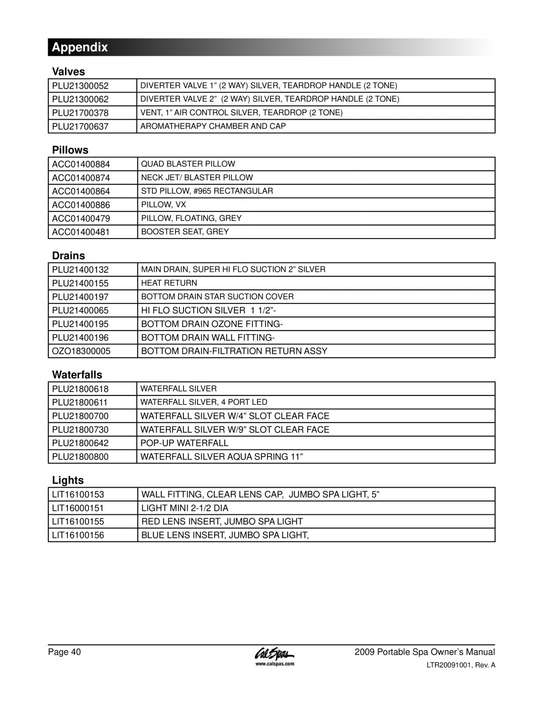 Cal Spas Portable Spas manual Valves, Pillows, Drains, Waterfalls, Lights 